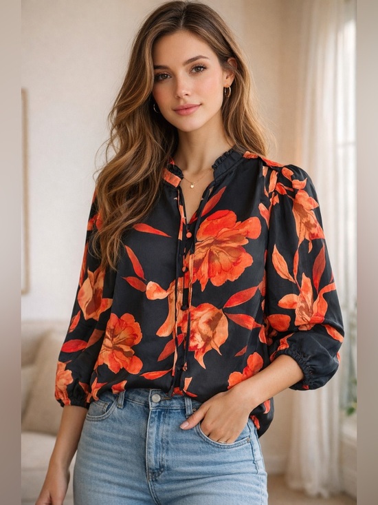 Nanette Lepore Tops - Nanette Lepore Black Blouse with Orange Floral Print NWT